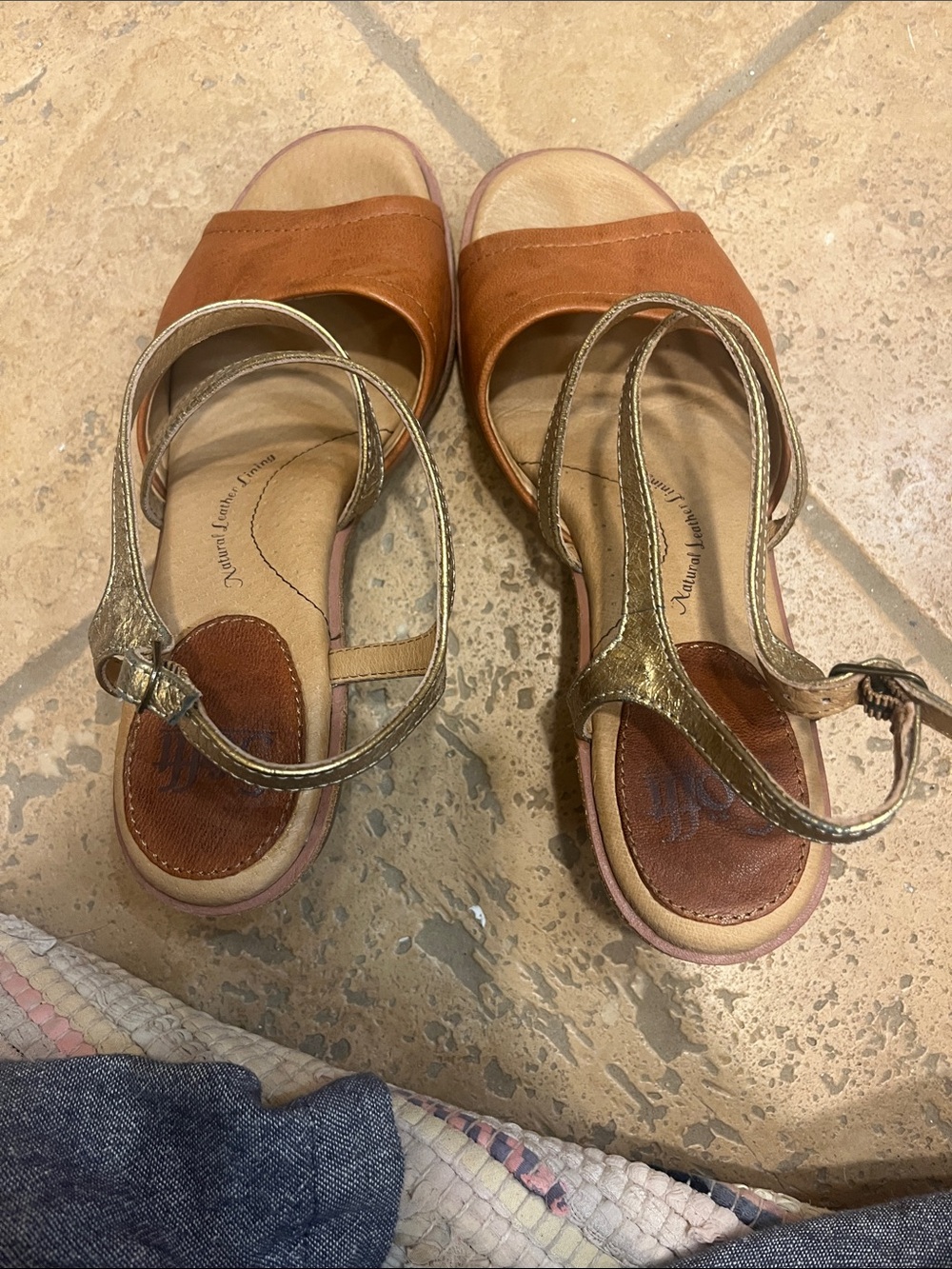 Women's Brown Tan Leather Block Heel Sandals with Gold Straps - Picture 4 of 5